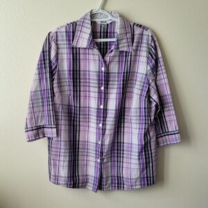 ALIA Women's Purple Pink Plaid 3/4 Sleeve Button Front Patterned Blouse Size 14